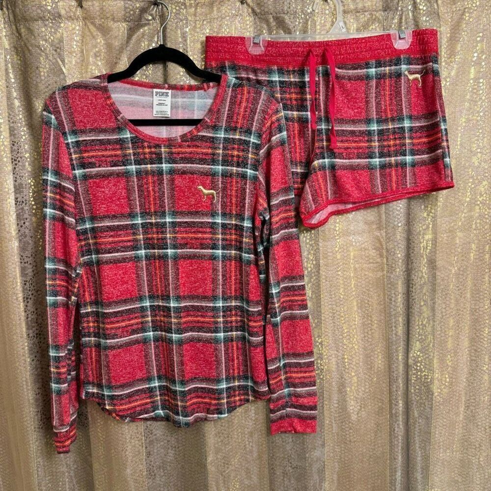 PINK‎ Victorias Secret Cozy Red Plaid Holiday Pajama Shorts Set Large